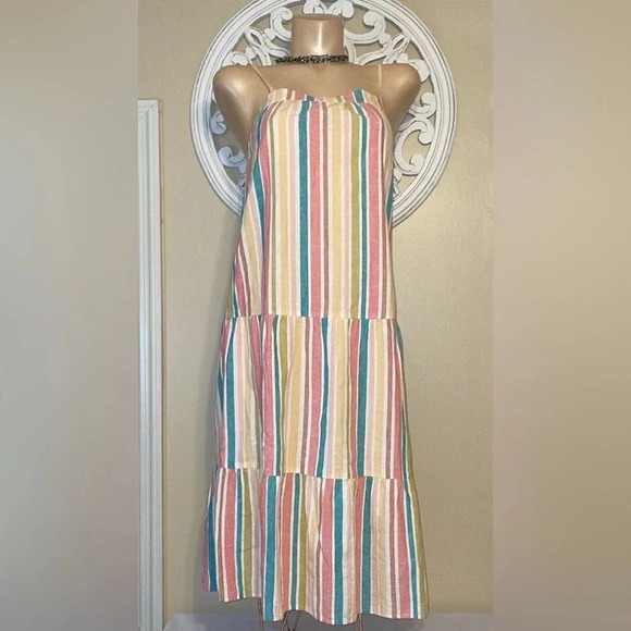 Roxy women’s midi small dress stripe spaghetti linen white yellows pink beach - Picture 1 of 9